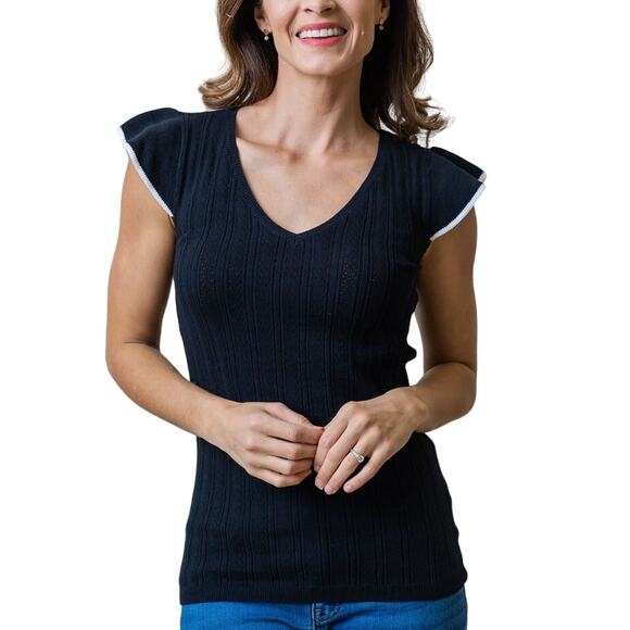 Hope & Henry L NEW Women Flutter Sleeve Sweater Top Black Pointelle - Picture 1 of 9